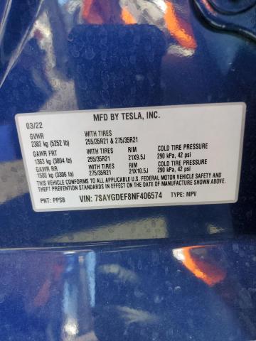7SAYGDEF8NF406574 - 2022 TESLA MODEL Y ლურჯი ფოტო 12