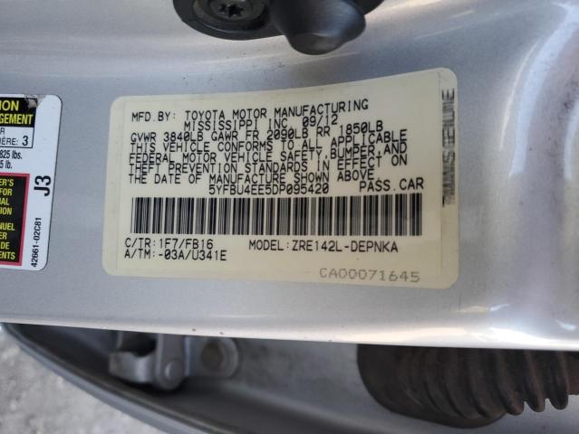 5YFBU4EE5DP095420 - 2013 TOYOTA COROLLA BASE SILVER photo 12