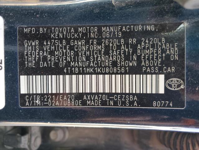 4T1B11HK1KU808561 - 2019 TOYOTA CAMRY L BLUE photo 12