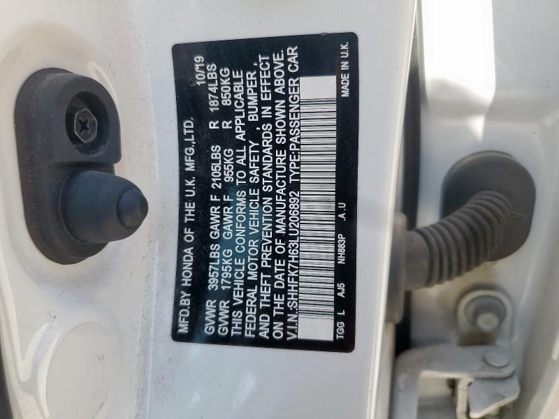 SHHFK7H63LU206892 - 2020 HONDA CIVIC EX თეთრი ფოტო 12