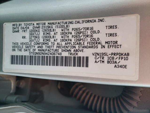 5TEGN92N94Z406748 - 2004 TOYOTA TACOMA DOUBLE CAB PRERUNNER SILVER photo 12