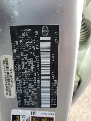 4T4BE46K19R103171 - 2009 TOYOTA CAMRY BASE SILVER photo 12