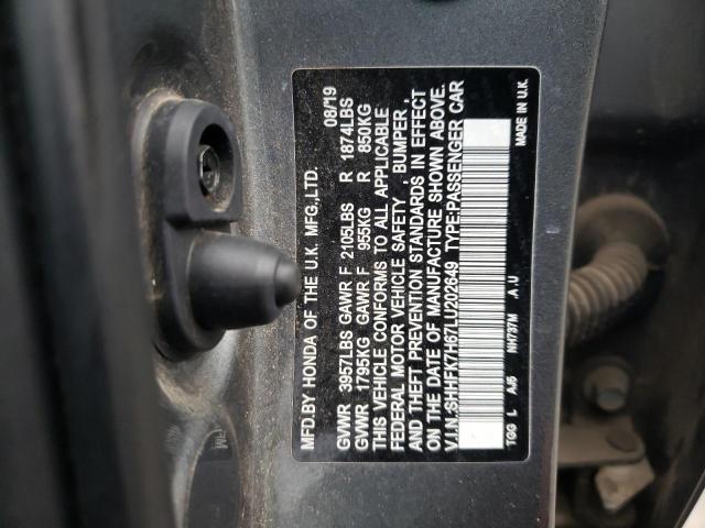 SHHFK7H67LU202649 - 2020 HONDA CIVIC EX GRAY photo 12