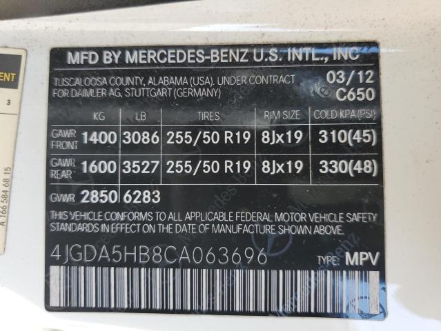 4JGDA5HB8CA063696 - 2012 MERCEDES-BENZ ML 350 4MATIC WHITE photo 13