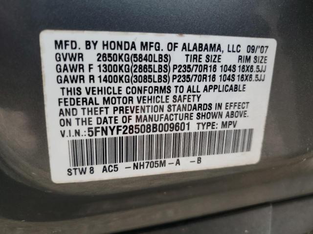 5FNYF28508B009601 - 2008 HONDA PILOT EXL GRAY photo 13