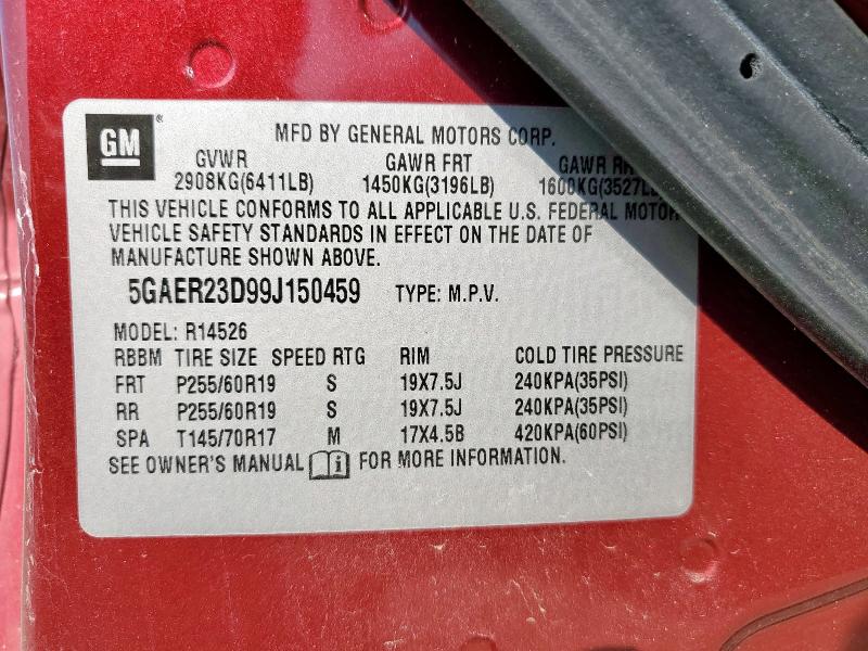 5GAER23D99J150459 - 2009 BUICK ENCLAVE CXL BURGUNDY photo 13