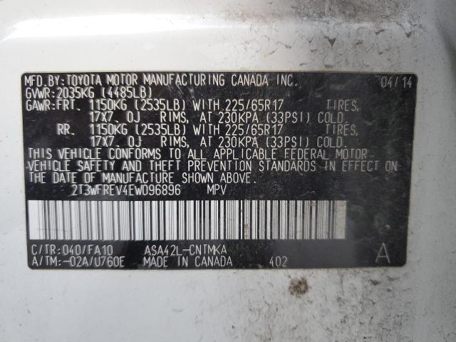 2T3WFREV4EW096896 - 2014 TOYOTA RAV4 XLE WHITE photo 13