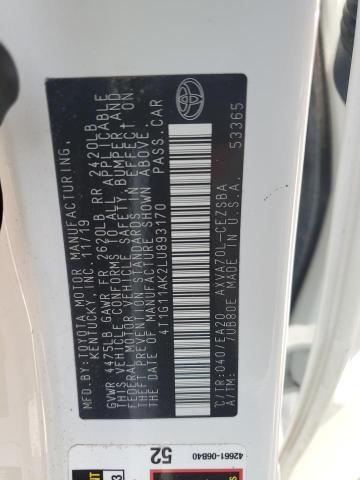 4T1G11AK2LU893170 - 2020 TOYOTA CAMRY SE 白色 照片 12