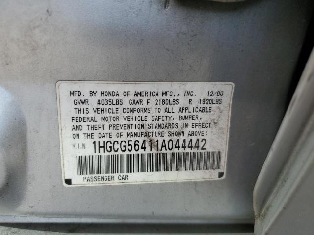 1HGCG56411A044442 - 2001 HONDA ACCORD LX SILVER photo 12