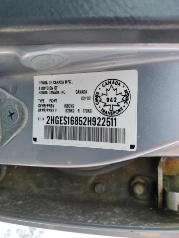 2HGES16852H922511 - 2002 HONDA CIVIC LX SILVER photo 13