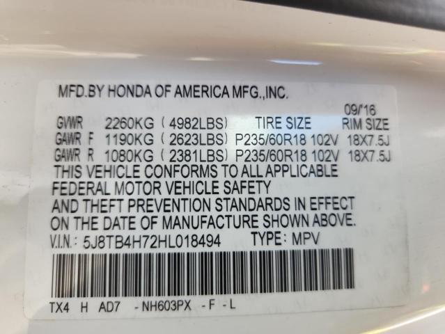 5J8TB4H72HL018494 - 2017 ACURA RDX ADVANCE WHITE photo 13