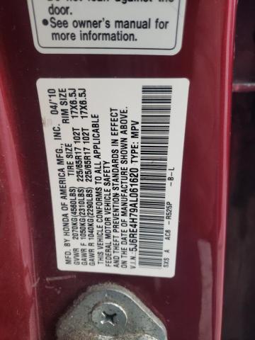 5J6RE4H79AL061620 - 2010 HONDA CR-V EXL RED photo 12