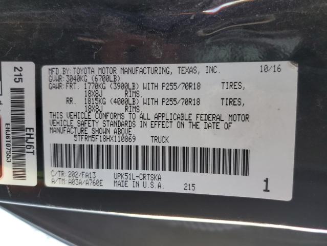 5TFRM5F18HX110869 - 2017 TOYOTA TUNDRA DOUBLE CAB SR/SR5 BLACK photo 12