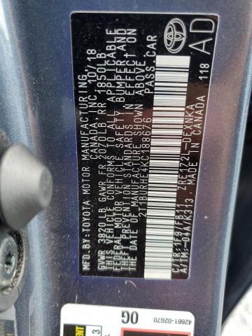 2T1BURHE4KC188676 - 2019 TOYOTA COROLLA L GRAY photo 12