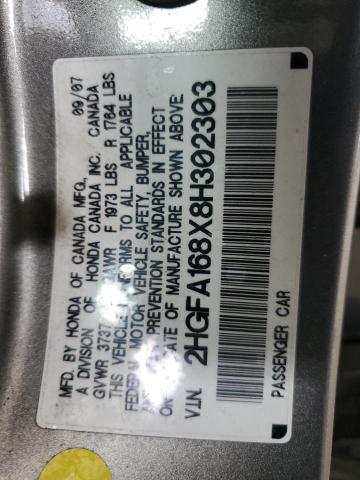 2HGFA168X8H302303 - 2008 HONDA CIVIC EX ნაცრისფერი ფოტო 12