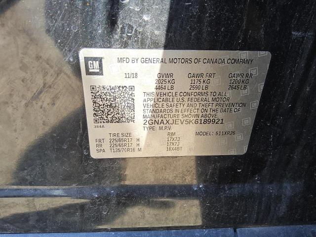 2GNAXJEV5K6189921 - 2019 CHEVROLET EQUINOX LT BLACK photo 13