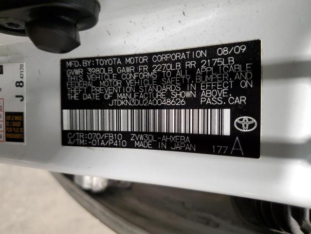 JTDKN3DU2A0048626 - 2010 TOYOTA PRIUS WHITE photo 12