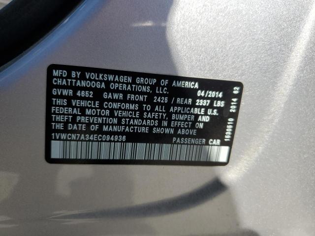 1VWCN7A34EC094936 - 2014 VOLKSWAGEN PASSAT SEL GRAY photo 12