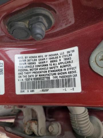 19XFA16569E037705 - 2009 HONDA CIVIC LX მუქწითელი ფოტო 12