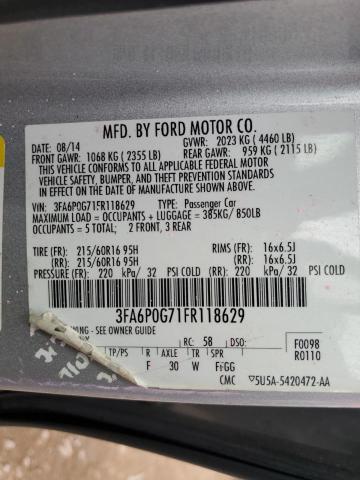 3FA6P0G71FR118629 - 2015 FORD FUSION S SILVER photo 12