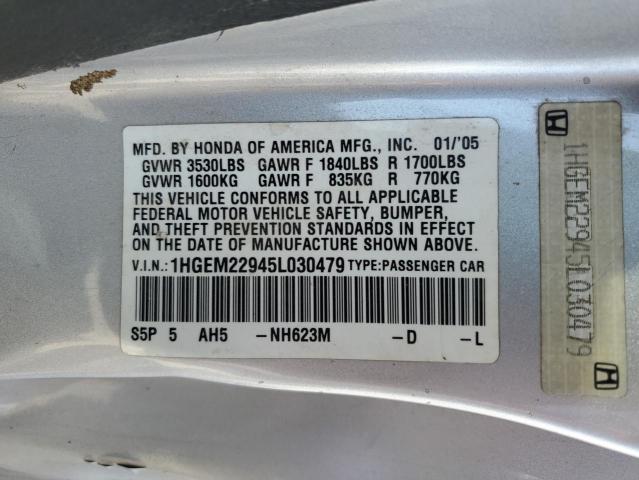 1HGEM22945L030479 - 2005 HONDA CIVIC EX SILVER photo 12