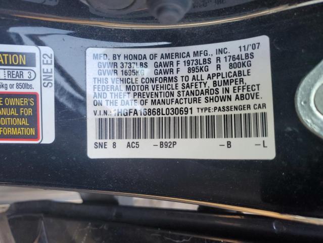 1HGFA16868L030691 - 2008 HONDA CIVIC EX BLACK photo 12