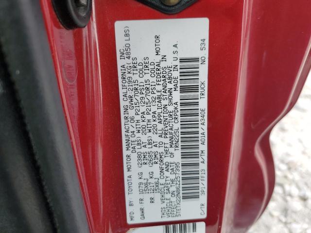 5TETX22N86Z257395 - 2006 TOYOTA TACOMA ACCESS CAB RED photo 12