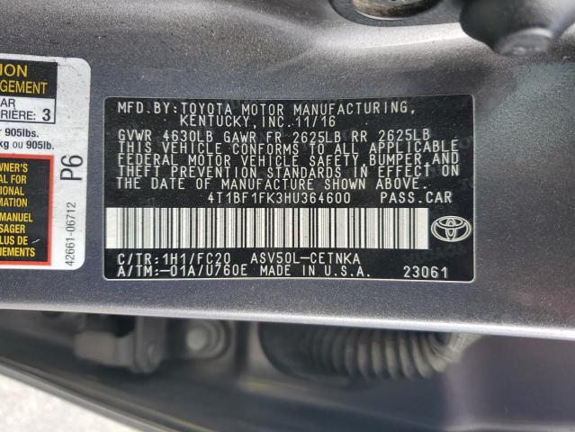 4T1BF1FK3HU364600 - 2017 TOYOTA CAMRY LE GRAY photo 12