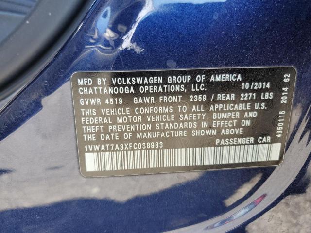 1VWAT7A3XFC038983 - 2015 VOLKSWAGEN PASSAT S BLUE photo 12