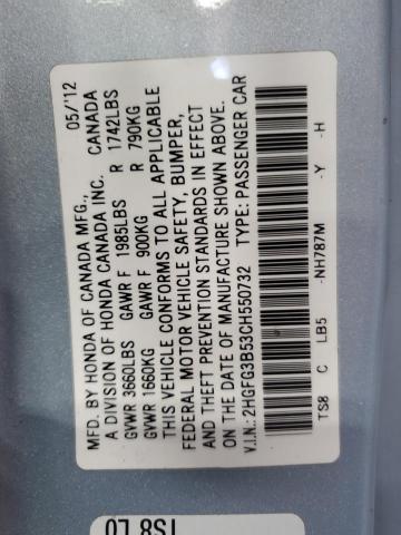 2HGFG3B53CH550732 - 2012 HONDA CIVIC LX SILVER photo 12