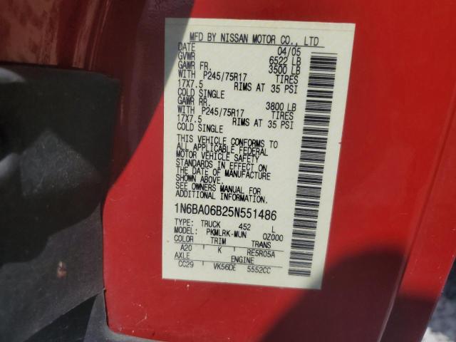 1N6BA06B25N551486 - 2005 NISSAN TITAN XE Kırmızı fotoğraf 12