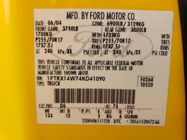 1FTRX14W74KD41090 - 2004 FORD F150 YELLOW photo 12