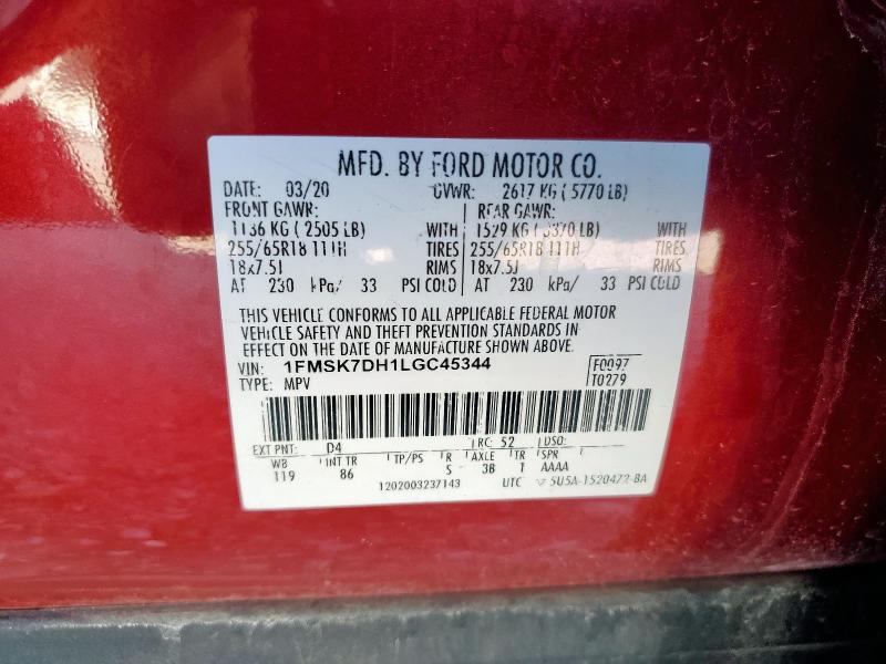 1FMSK7DH1LGC45344 - 2020 FORD EXPLORER XLT Rot Foto 12