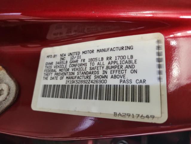 1Y1SK52892Z426900 - 2002 CHEVROLET GEO PRIZM BASE RED photo 12