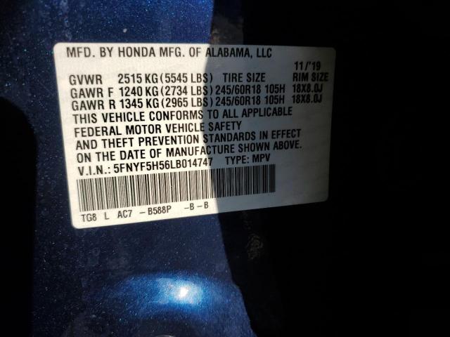 5FNYF5H56LB014747 - 2020 HONDA PILOT EXL ლურჯი ფოტო 14