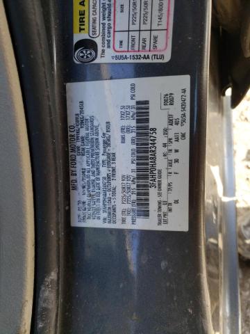 3FAHP0HA8AR344758 - 2010 FORD FUSION SE GRAY photo 12