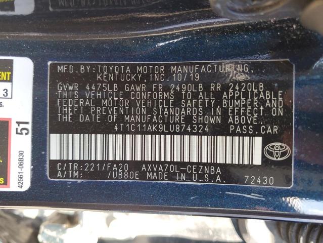 4T1C11AK9LU874324 - 2020 TOYOTA CAMRY LE BLUE photo 12