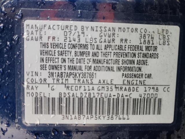 3N1AB7AP5KY387661 - 2019 NISSAN SENTRA S BLUE photo 13