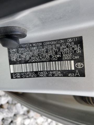 JTDKN3DUXB5311062 - 2011 TOYOTA PRIUS SILVER photo 13