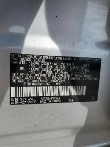 2T3BF4DV6CW204662 - 2012 TOYOTA RAV4 SILVER photo 12