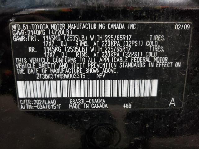 2T3BK31V69W003315 - 2009 TOYOTA RAV4 LIMITED BLACK photo 12