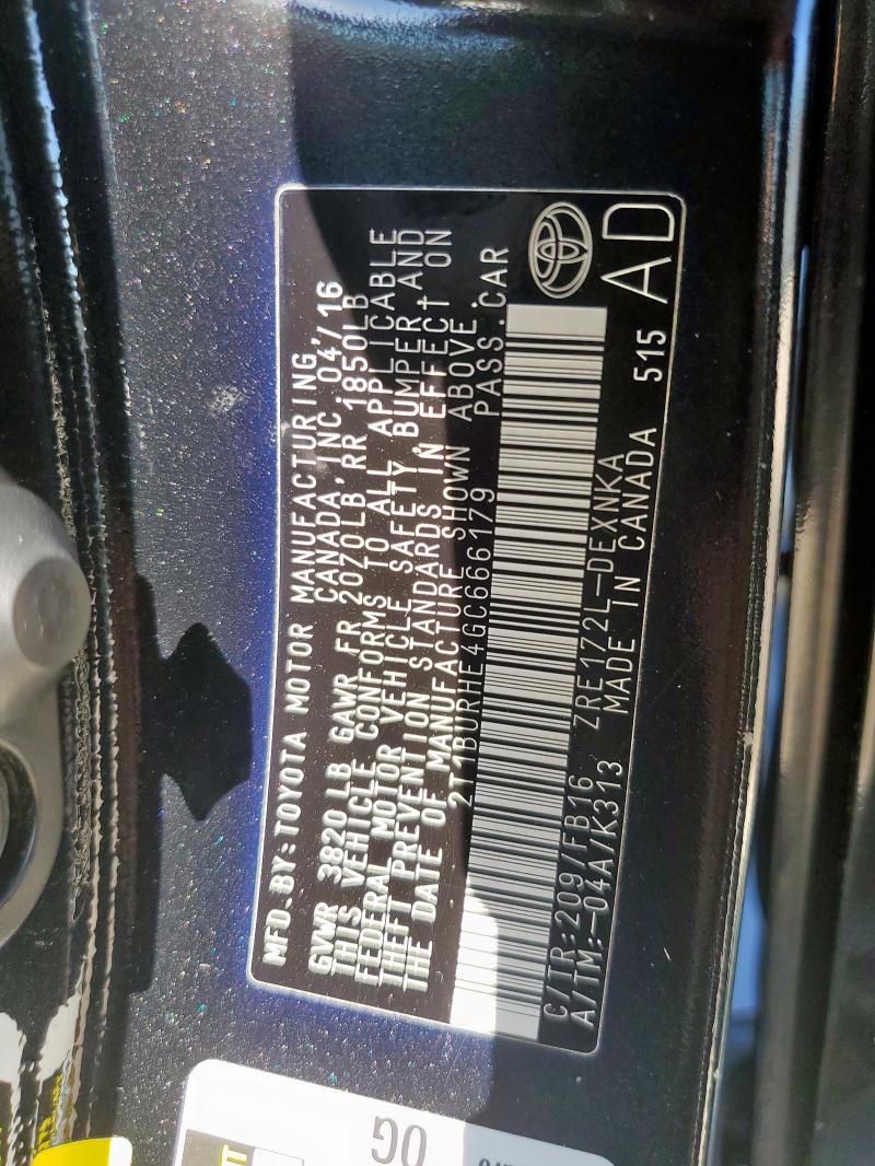 2T1BURHE4GC666179 - 2016 TOYOTA COROLLA L შავი ფოტო 12