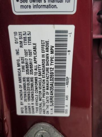 5J6RE4H35AL026912 - 2010 HONDA CR-V LX BURGUNDY photo 13