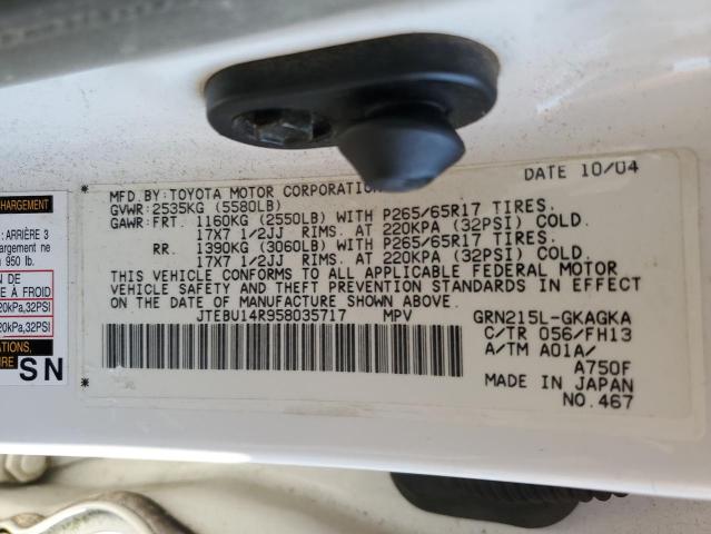 JTEBU14R958035717 - 2005 TOYOTA 4RUNNER SR5 WHITE photo 12