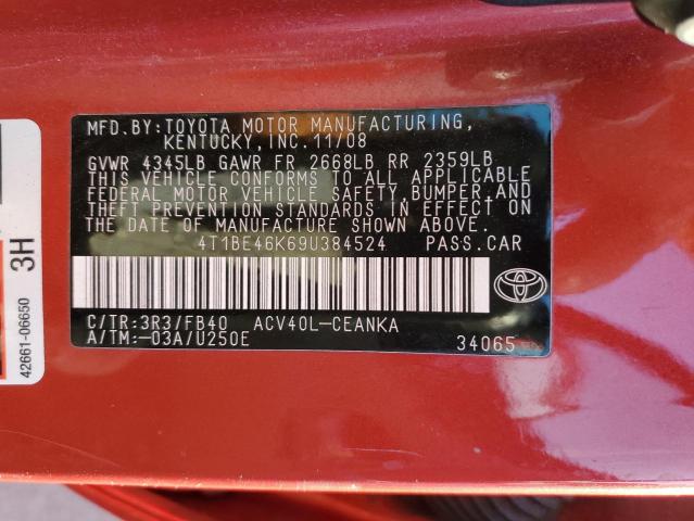 4T1BE46K69U384524 - 2009 TOYOTA CAMRY BASE RED photo 12