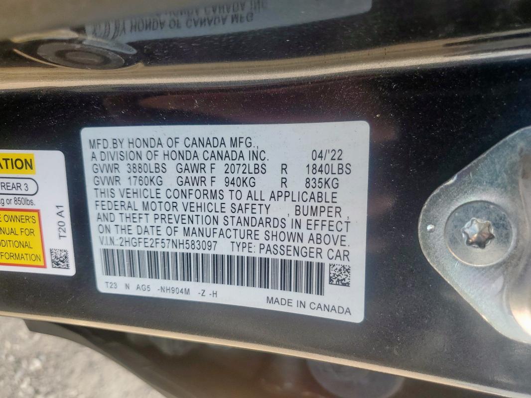 2HGFE2F57NH583097 - 2022 HONDA CIVIC SPORT GRAY photo 12