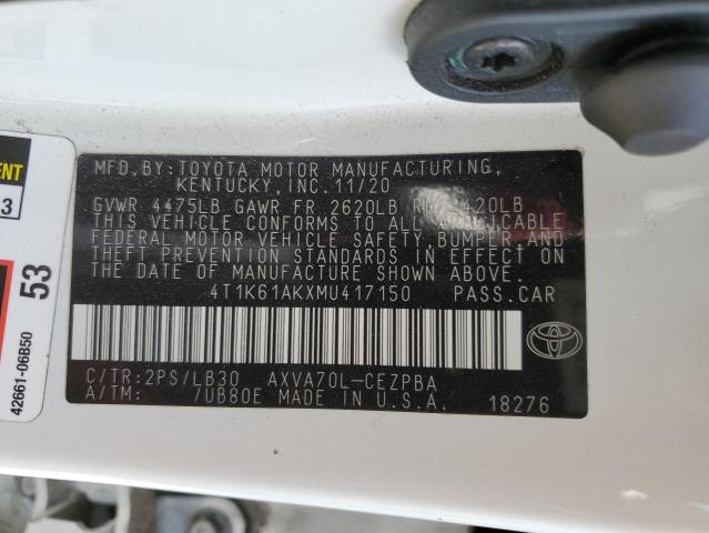 4T1K61AKXMU417150 - 2021 TOYOTA CAMRY XSE 白色 照片 12