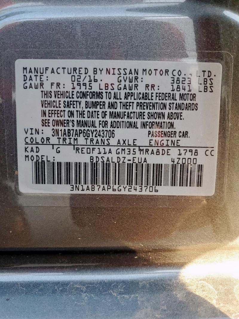 3N1AB7AP6GY243706 - 2016 NISSAN SENTRA S GRAY photo 12