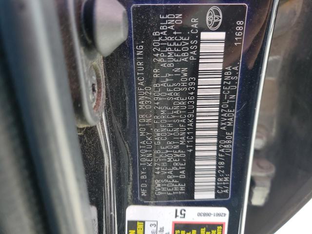 4T1C11AK9LU364393 - 2020 TOYOTA CAMRY LE BLACK photo 12