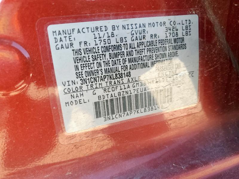 3N1CN7AP7KL838148 - 2019 NISSAN VERSA S BURGUNDY photo 13